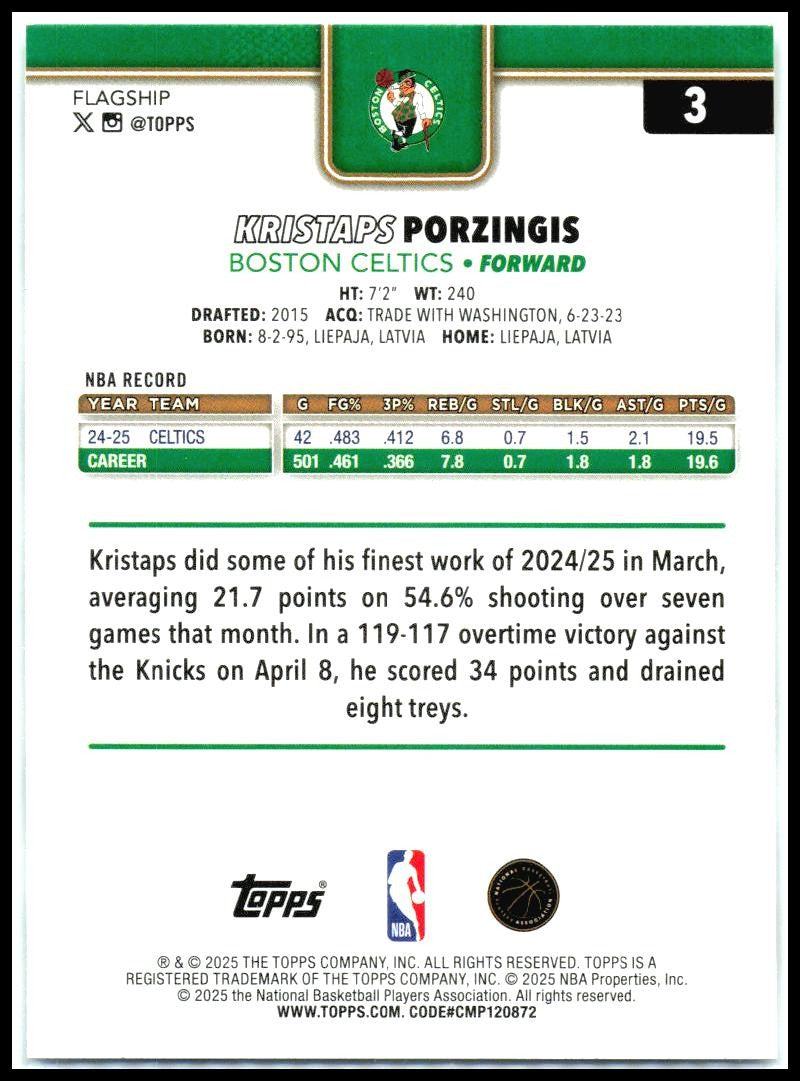 2025-26 Topps Season Tip Off #3 Kristaps Porzingis Boston Celtics