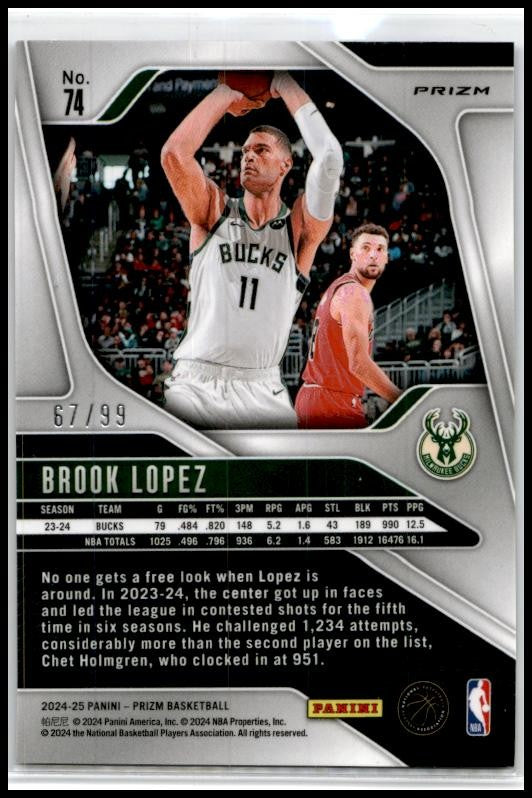 2024-25 Panini Prizm Prizms Blue Pulsar #74 Brook Lopez #/99 Milwaukee Bucks