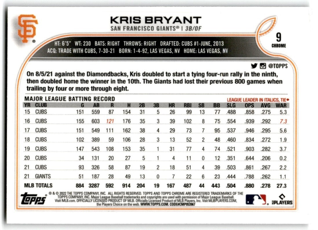 2022 Topps Chrome Prism Refractor Kris Bryant San Francisco Giants #9