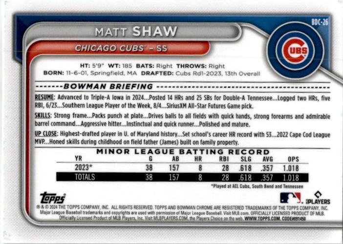 2024 Bowman Draft Chrome #BDC-26 Matt Shaw Chicago Cubs