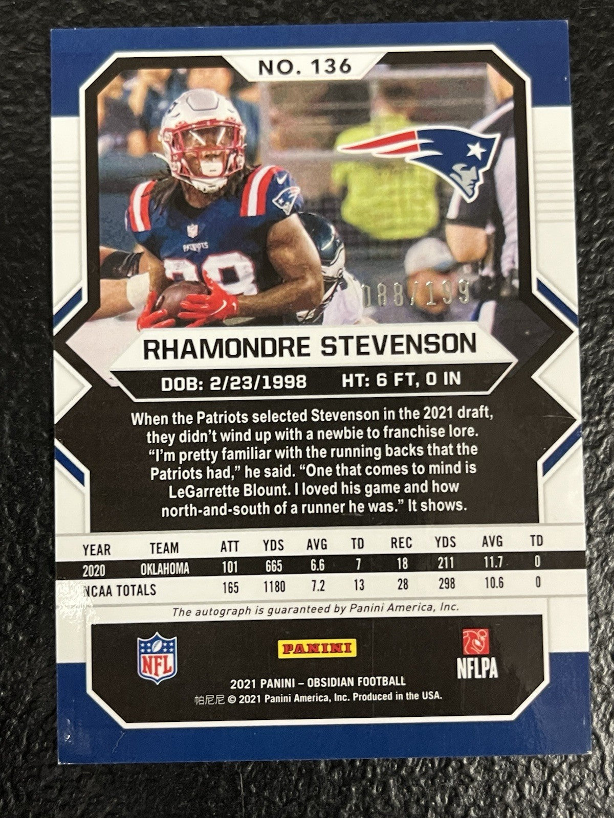 2021 Obsidian 136 Rhamondre Stevenson RC Auto /199 New England Patriots