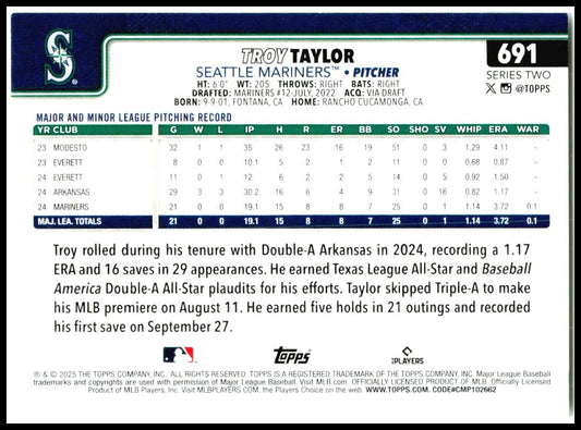 2025 Topps #691 Troy Taylor Rookie Seattle Mariners