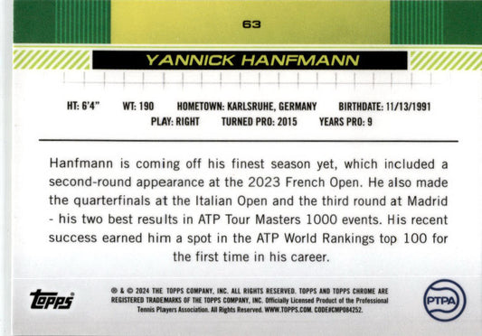 2024 Topps Chrome Tennis Green #63 Yaninick Hanfmann /99