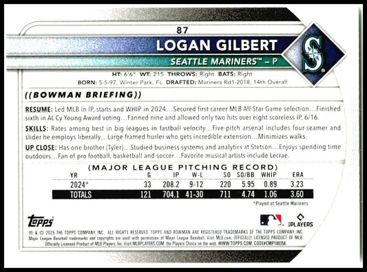 2025 Bowman #87 Logan Gilbert Seattle Mariners