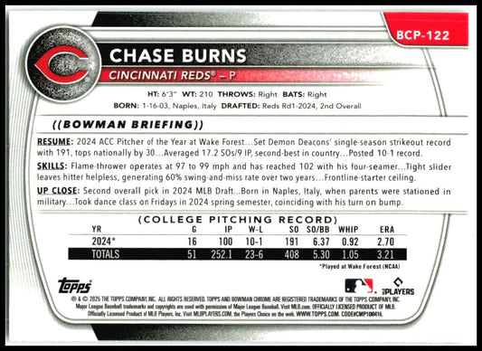 2025 Bowman Chrome Reptilian Fuchsia Refractor #BCP-122 Chase Burns Reds