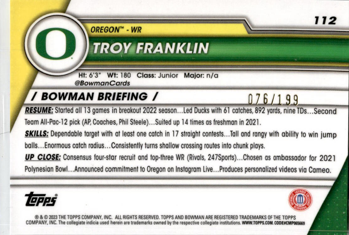 2023 Bowman University Chrome Blue #112 Troy Franklin Ducks / Denver Broncos