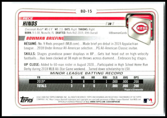 2020 Bowman Draft Light Blue Foil 1st Edition #BD-15 Rece Hinds Cincinnati Reds