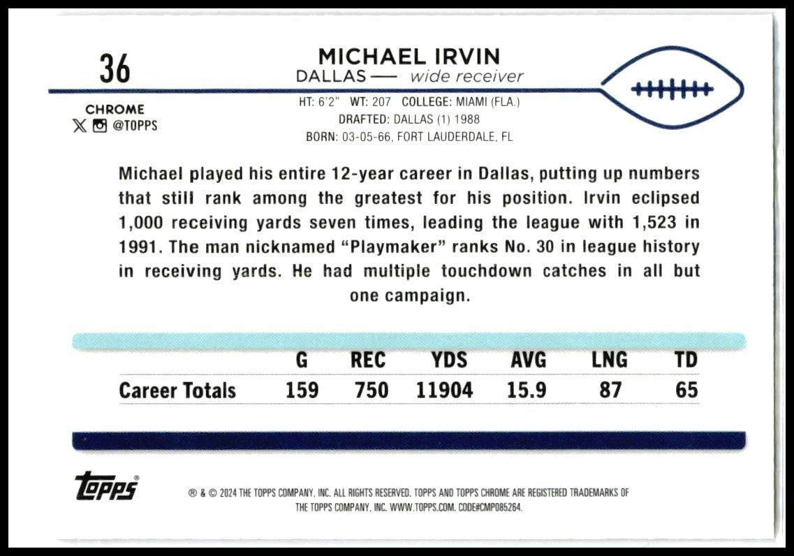 2024 Topps Chrome Pink Refractor #36 Michael Irvin Dallas Cowboys