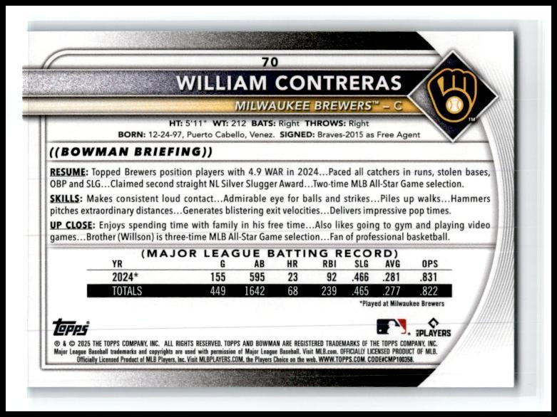 2025 Bowman Sky Blue Border #70 William Contreras #/499 Milwaukee Brewers