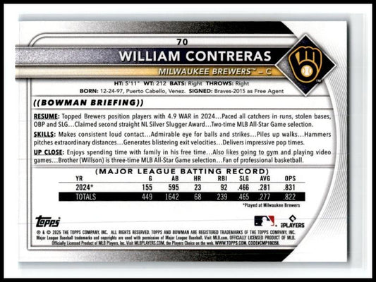 2025 Bowman Sky Blue Border #70 William Contreras #/499 Milwaukee Brewers