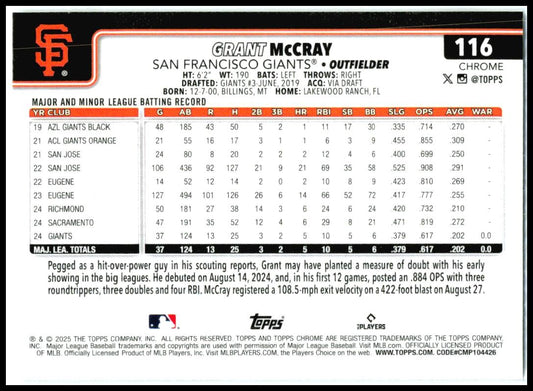 2025 Topps Chrome #116 Grant McCray Rookie San Francisco Giants