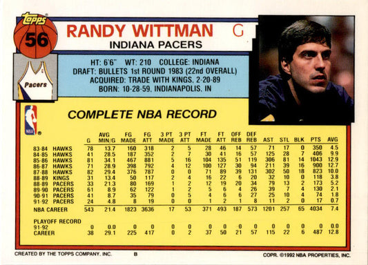 1992-93 Topps #56 Randy Wittman Indiana Pacers.