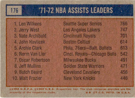 1972-73 Topps #176 NBA Assists Leaders (Wilkens / West / Archibald)