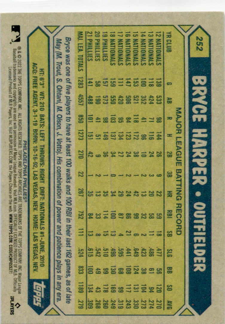 2022 Topps #252 Bryce Harper Philadelphia Phillies.