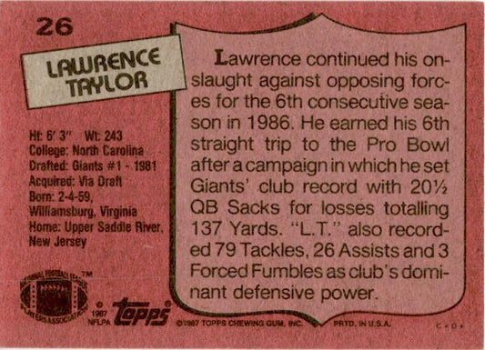 1987 Topps #26 Lawrence Taylor New York Giants