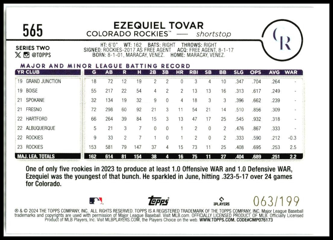2024 Topps Red Crackle Foil #565 Ezequiel Tovar #/199 Colorado Rockies