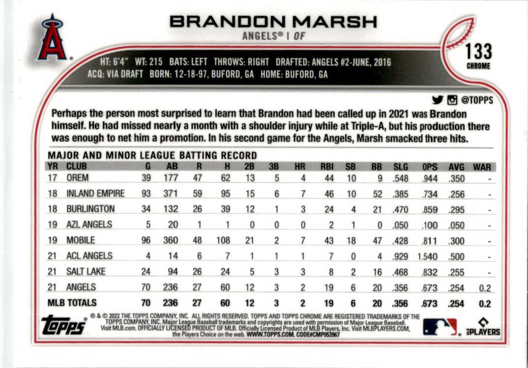 2022 Topps Chrome X-Fractor #133 Brandon Marsh Los Angeles Angels