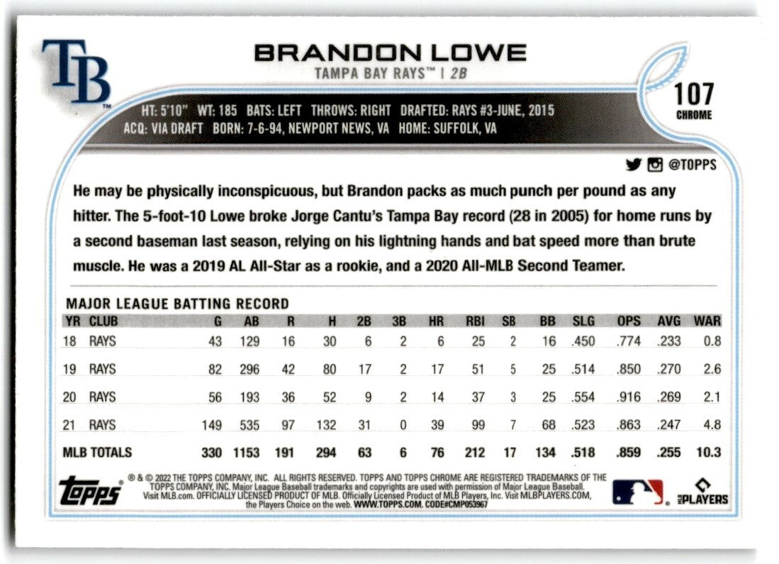 2022 Topps Chrome Sepia Refractor Brandon Lowe Tampa Bay Rays #107