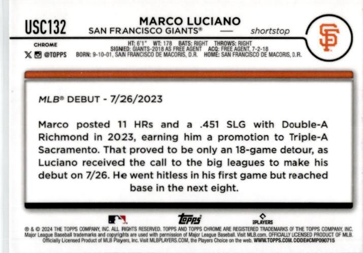2024 Topps Chrome Update #USC132 Marco Luciano San Francisco Giants