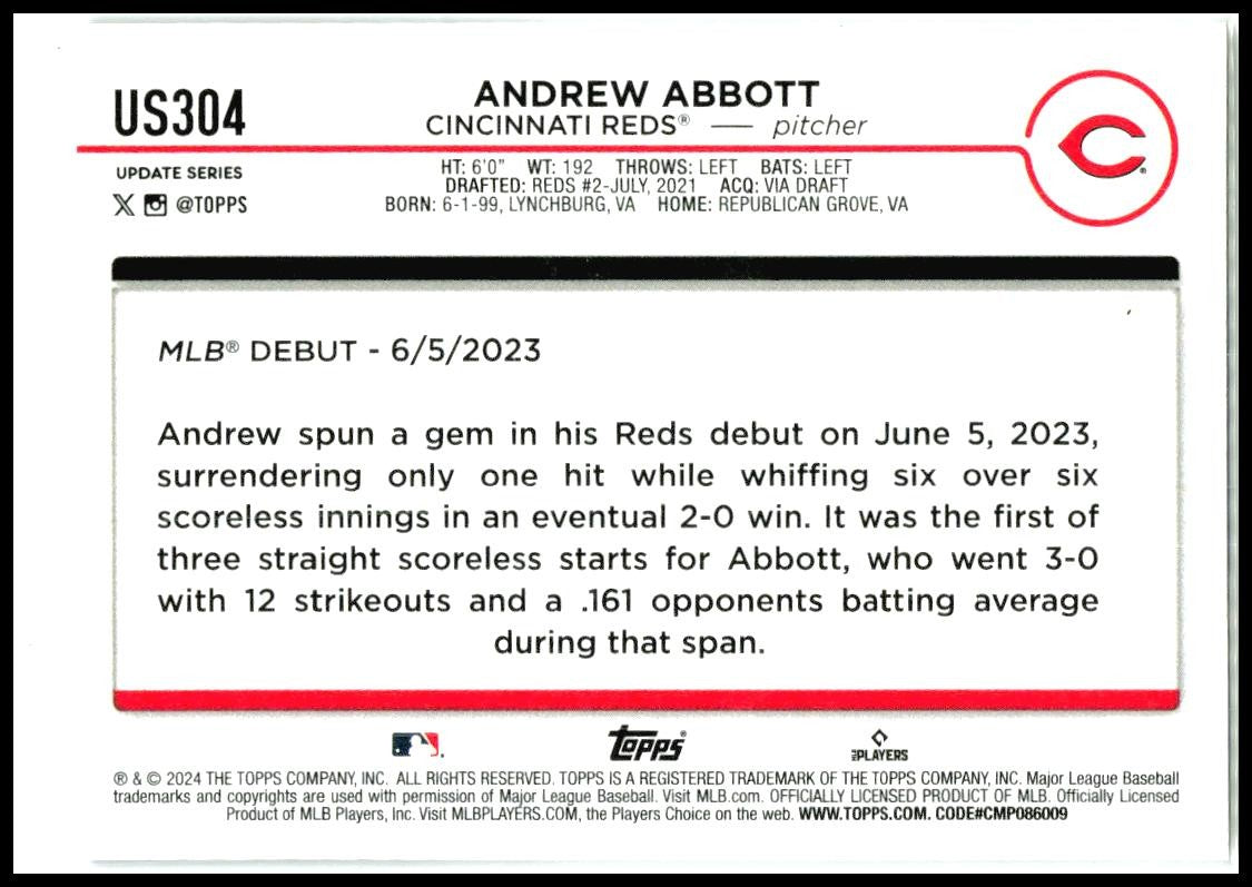 2024 Topps Update #US304 Andrew Abbott Cincinnati Reds
