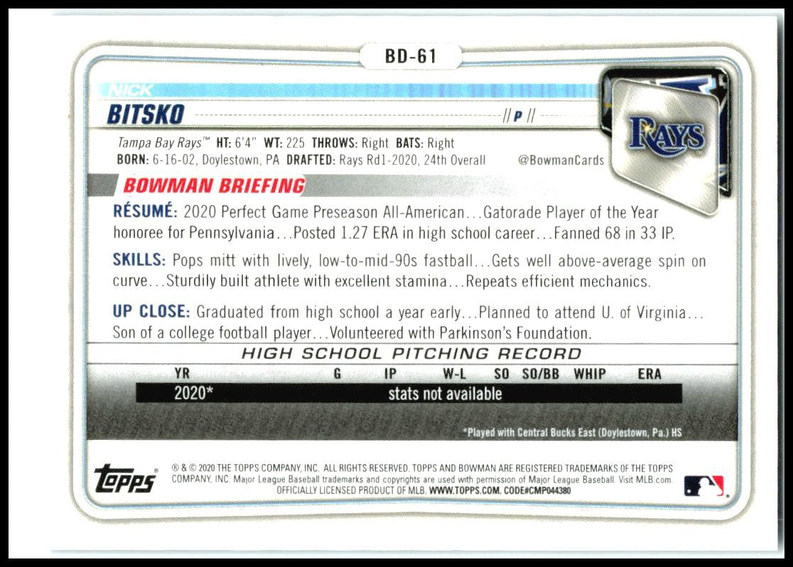 2020 Bowman Draft Blue #BD-61 Nick Bitsko #/150 Tampa Bay Rays