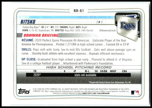 2020 Bowman Draft Blue #BD-61 Nick Bitsko #/150 Tampa Bay Rays