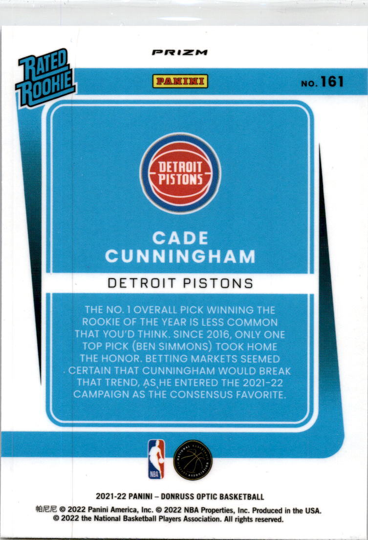 2021 Donruss Optic #161 Cade Cunningham Blue Velocity Prizm Rated Rookie Detroit