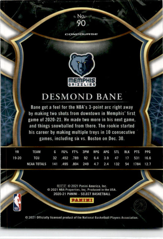 2020-21 Panini Select Blue #90 Desmond Bane Memphis Grizzlies