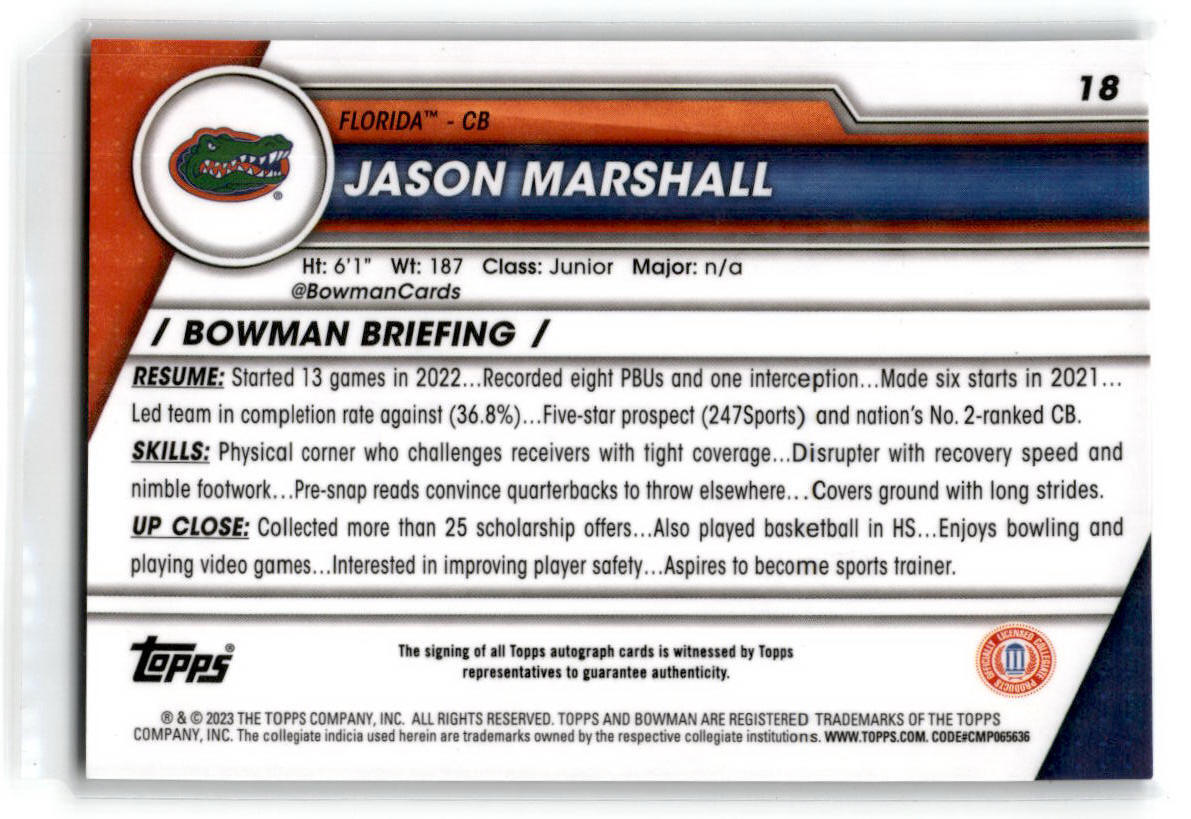 2023 Bowman University Chrome #18 Jason Marshall Auto Florida Gators