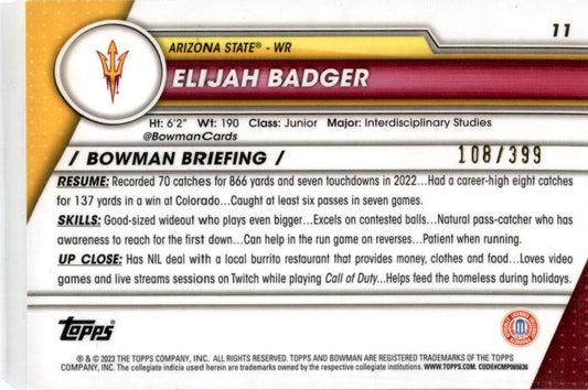 2023 Bowman University Chrome Purple Mini-Diamond #11 Elijhah Badger /399