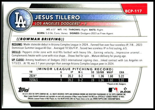 2025 Bowman Chrome Prospects #BCP-117 Jesus Tillero Los Angeles Dodgers