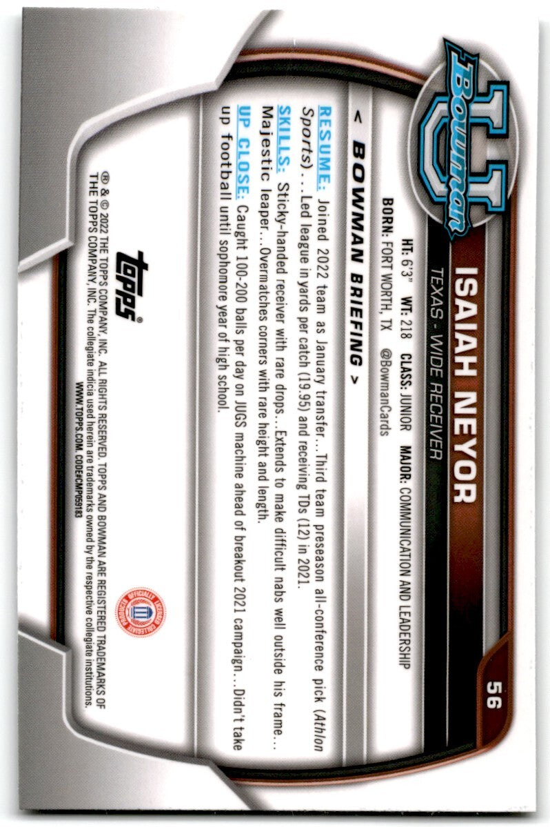 2022 Bowman University Chrome Isaiah Neyor Texas Longhorns #56