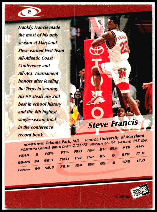 1999 Press Pass #2 Steve Francis Maryland Terrapins