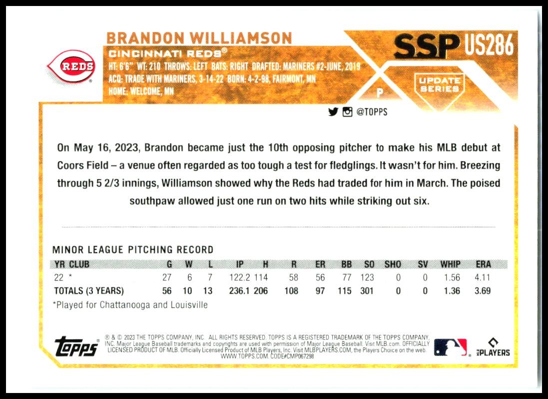 2023 Topps Update #US286 Brandon Williamson Golden Mirror Image Variation SSP