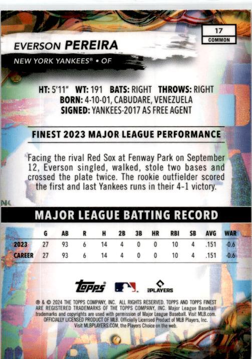 2024 Finest #17 Everson Pereira Rookie New York Yankees