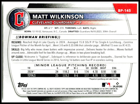 2025 Bowman Prospects #BP-145 Matt Wilkinson Cleveland Guardians