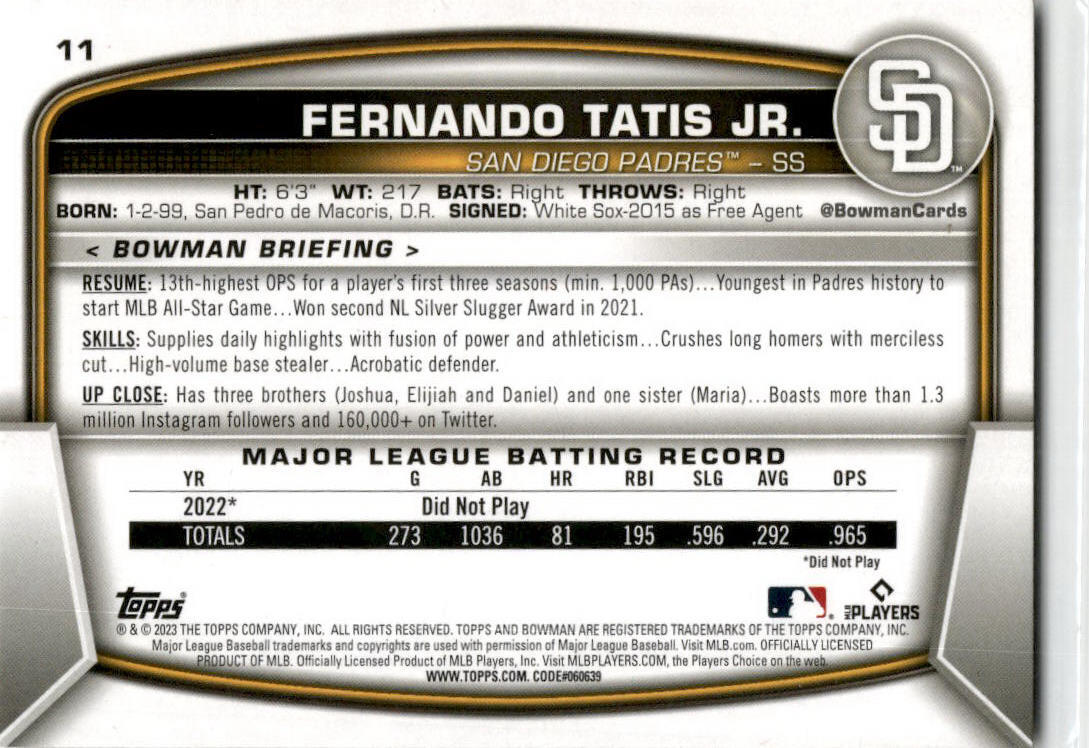 2023 Bowman #11 Fernando Tatis Jr. San Diego Padres