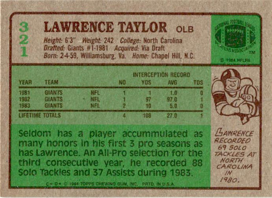 1984 Topps #321b Lawrence Taylor New York Giants