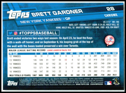 2017 Topps Chrome #28 Brett Gardner New York Yankees
