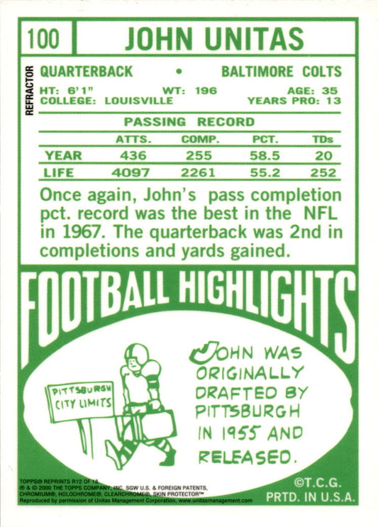 2000 Topps #100 John Unitas Baltimore Colts