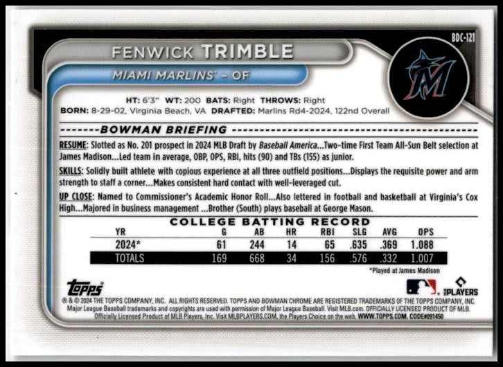 2024 Bowman Draft Chrome #BDC-121 Fenwick Trimble Miami Marlins