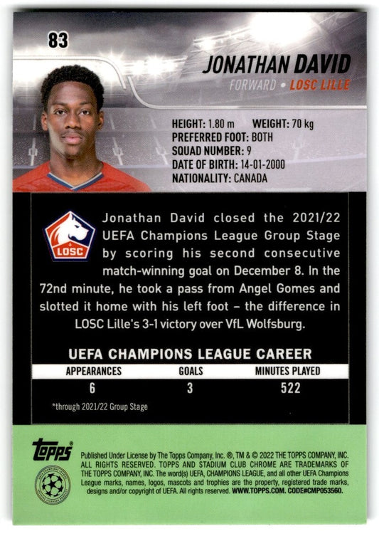 2022 Topps Stadium Club Chrome UCL Jonathan David Rookie Losc Lille #83