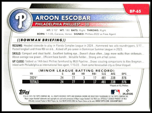 2025 Bowman #BP-65 Aroon Escobar Philadelphia Phillies