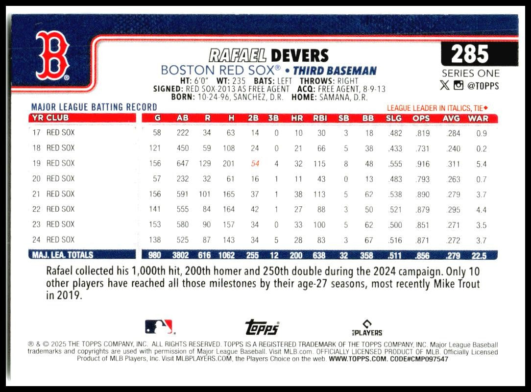 2025 Topps #285 Rafael Devers Boston Red Sox