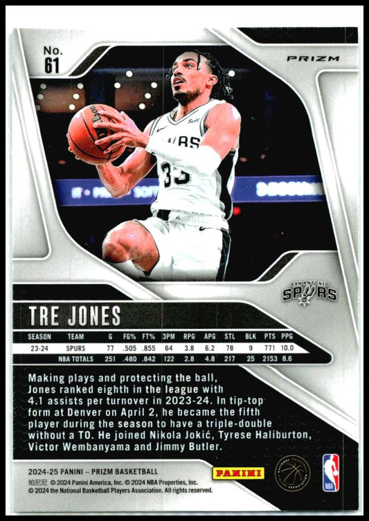 2024-25 Panini Prizm Prizms Silver #61 Tre Jones San Antonio Spurs