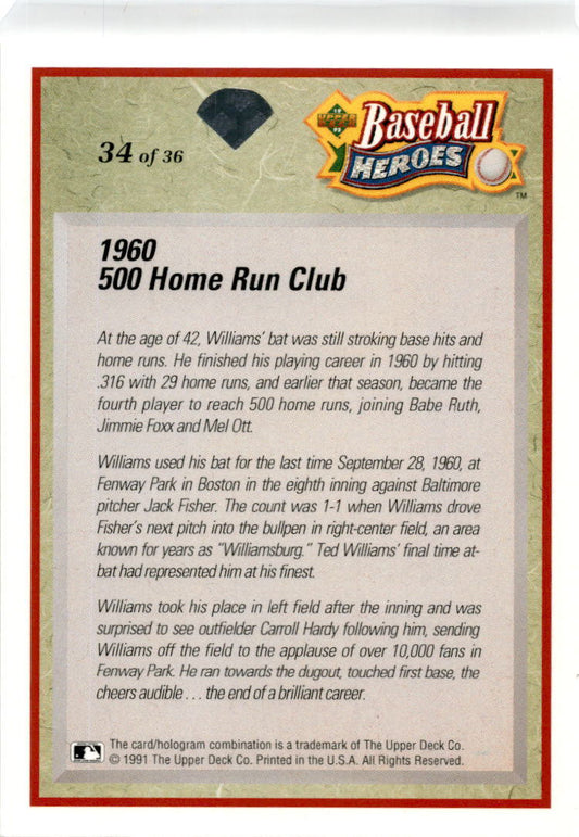 1992 Upper Deck Baseball Heroes: #34 Ted Williams Boston Red Sox