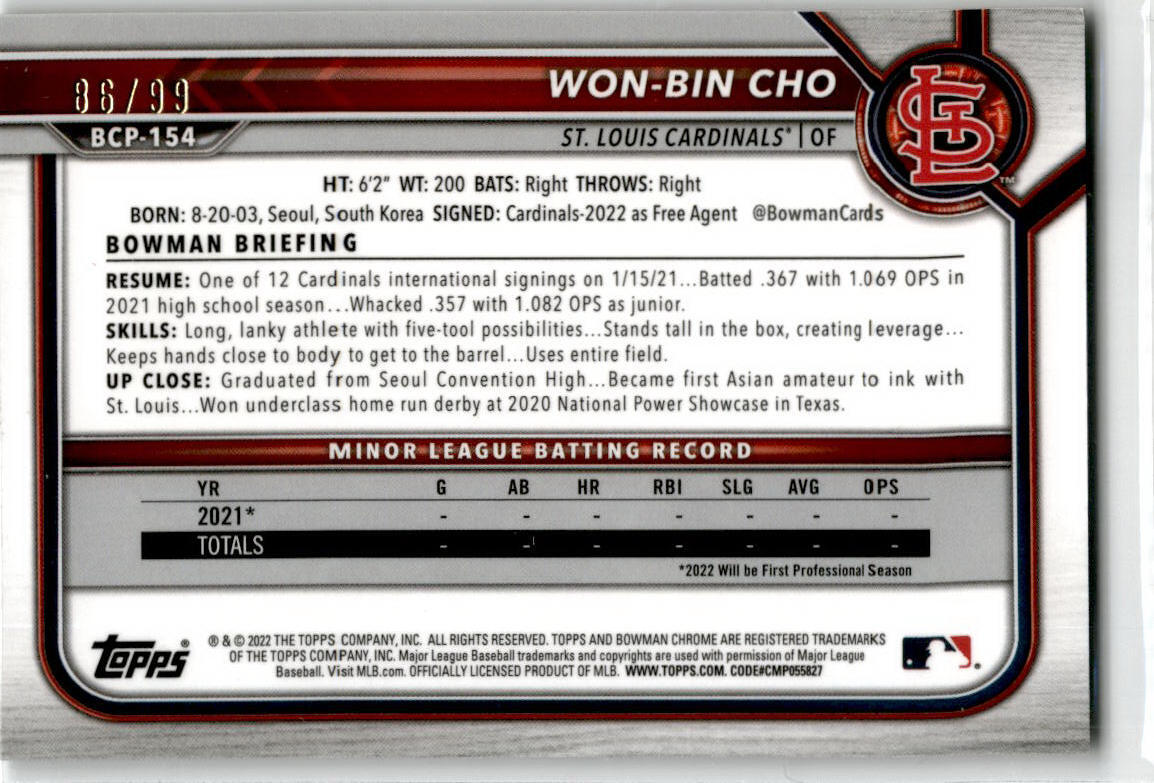 2022 Bowman Chrome Prospects Green Shimmer Refractor #BCP-154 Won-Bin Cho /99