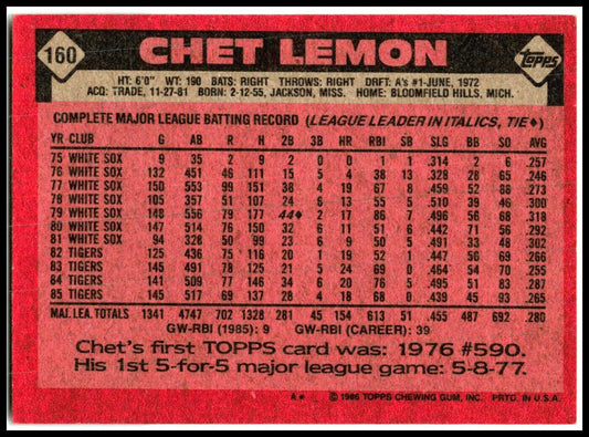 1986 Topps #160 Chet Lemon Detroit Tigers