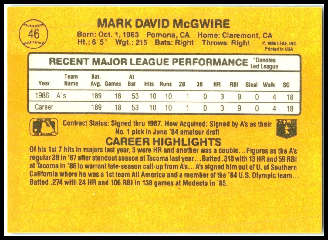 1987 Donruss #46 Mark McGwire Oakland Athletics