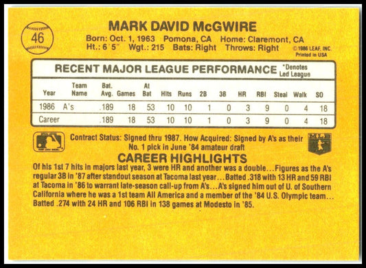 1987 Donruss #46 Mark McGwire Oakland Athletics
